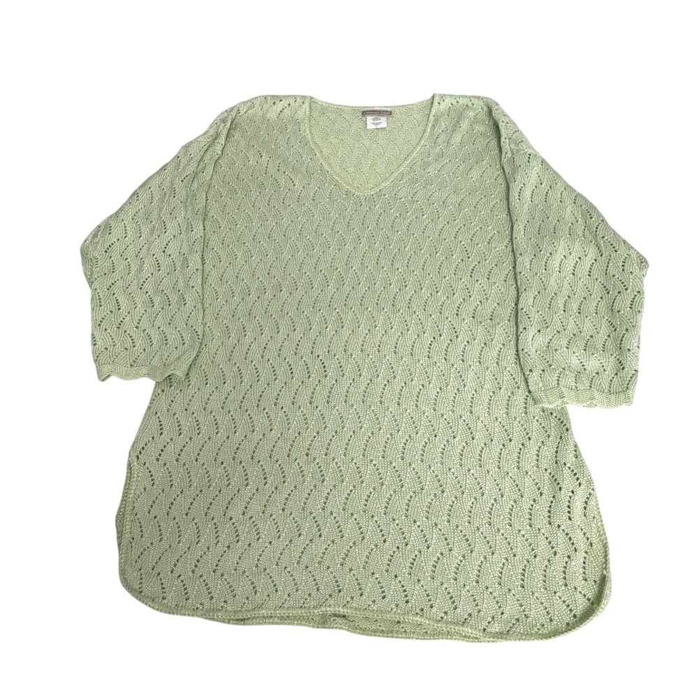 Coldwater Creek Womens Large Sage Green Pointelle Knit V-Neck 3/4 Sleeve Sweater